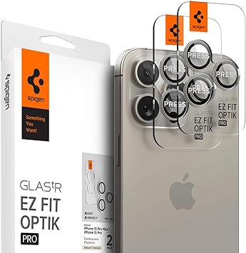 SPIGEN EZ Fit Glas.tR Optik Pro Designed for Apple iPhone 15 Pro / 15 Pro Max Camera Lens Screen Protector (2023) Easy Installation Kit Tempered Glass Lens Protector [2-Pack] - Natural Titanium