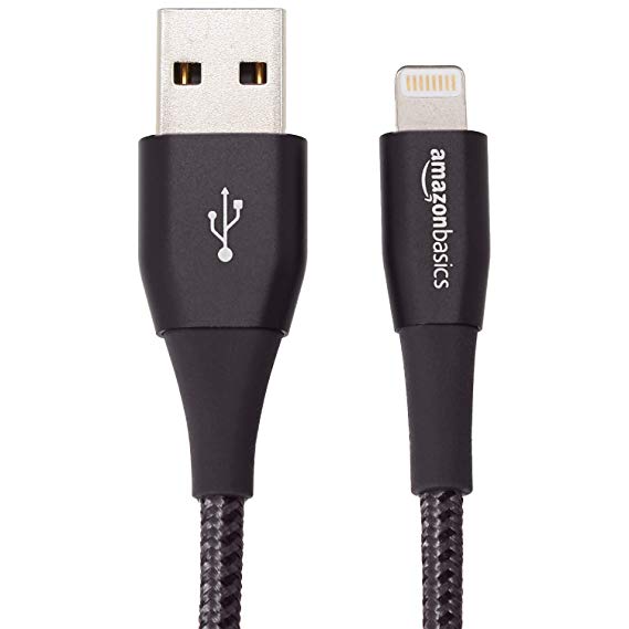 AmazonBasics Double Nylon Braided USB A Cable with Lightning Connector, Premium Collection - 3-Foot, Black