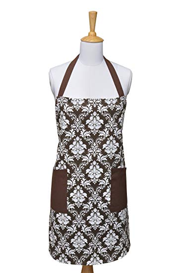 Apron Chocolate, 100% Cotton Printed Damask Kitchen Apron of Size 29X37.5 Inch, Adjustable Neck Strap & Front Pockets, Premium Quality Fine Yarn, PERFECT FOR COOKING