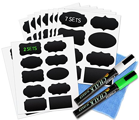FRiEQ Chalkboard Labels (76-Piece Set) - Includes 56 Large and 20 Medium Chalkboard Stickers, 2 Erasable Chalk Markers and 1 Cleaning Cloth - Reusable Vinyl Labels for Jars, Organizing and Decorating