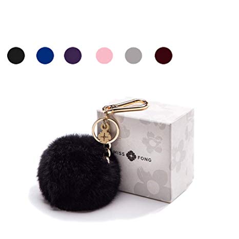 Pom Pom Key Chain Women by Miss Fong,Puff Ball Keychain in Genuine Fox Fur, Bag Charm Gold Ring Fur Ball