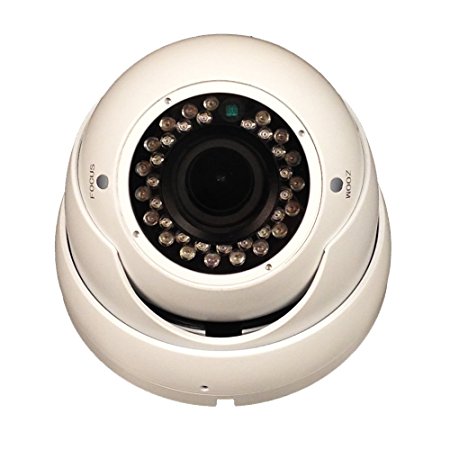 101AV 1000TVL Dome Security Camera 2.8-12mm Varifocal Lens 1/3" Sony 1.4 Megapixel CMOS Sensor 100ft IR Range 36pcs Infrared LEDs Weatherproof Vandal proof Metal Housing High Resolution Color Wide Angle View Day Night Vision for CCTV Outdoor DC 12V White