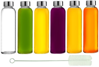 Brieftons Glass Water Bottles: 6 Pack, Large 18 Oz, Stainless Steel Leak-Proof Lid / Cap, Premium Soda Lime, BPA Free, Best Reusable Bottle for Drinking, Water, Juice, Beverage, Sports and Home Use