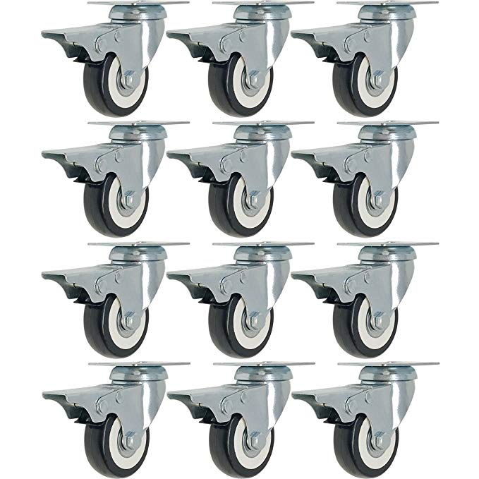 12 Pack 2-Inch 200-Pound Caster Wheels WITH BRAKE Swivel Plate Casters On Black Polyurethane Wheels