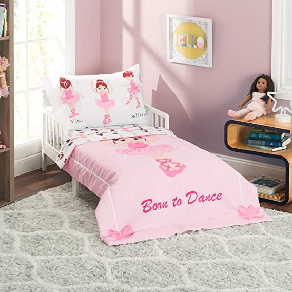 EVERYDAY KIDS 4 Piece Toddler Bedding Set -Born to Dance Ballerina- Includes Comforter, Flat Sheet, Fitted Sheet and Reversible Pillowcase