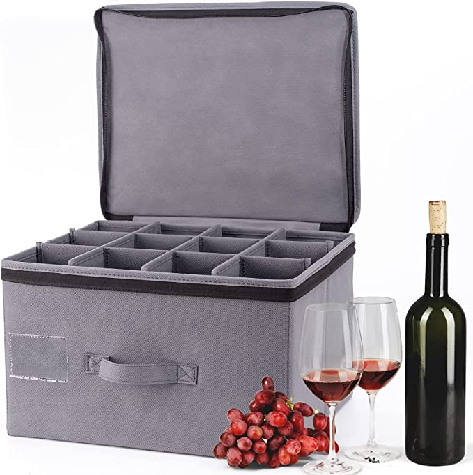 Sakuchi Wine Glass Storage Container, Stemware Storage Case, Glassware Storage Box Holds 12 Wine Glasses or Crystal Glassware with Label Window and Handle (Dark Grey)