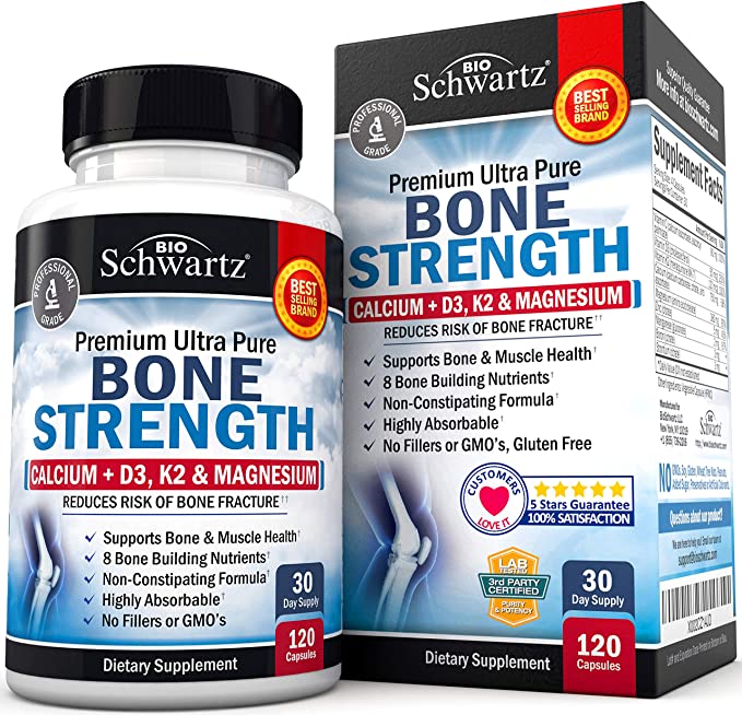 Bone Strength Supplement with Calcium   D3, K2 & Magnesium - Highly Absorbable Vitamin Blend for Bone & Muscle Support - Non-Constipating Formula - 8 Bone Building Nutrients - 120 Count