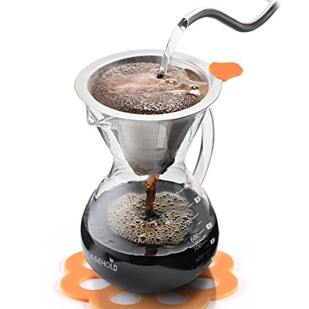 Easehold Pour Over Coffee Maker Drip Brewer Borosilicate Glass Carafe Permanent Reusable Metal Filters with Bonus Heat Resistant Silicone Mat(800ml)