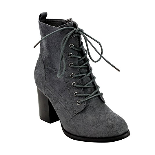 Beston GF08 Women's Lace Up Side Zip Block High Heel Combat Ankle Booties