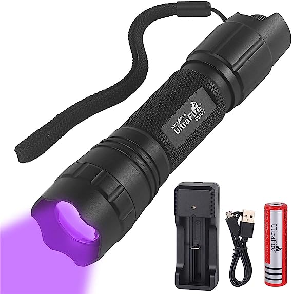 UltraFire UV LED Torch 395-405nm Blacklight Flashlight Stepless Dimming Single Mode Zoomable Ultraviolet Light with 3.7V 2600mAh Rechargeable Battery and Charger, for Dry Urine Stains, Curing Resins