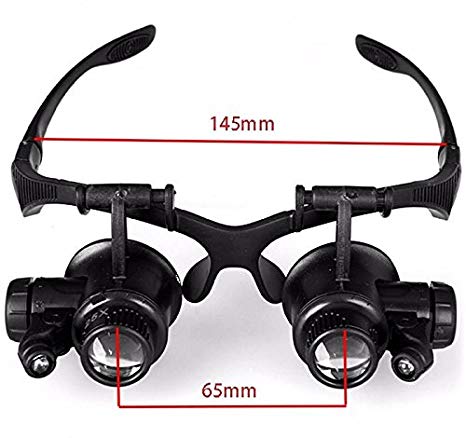 Headband Eye Glasses Magnifier with 2 LED Light, Watch Repair Magnifier Loupe Jeweler Magnifying Glasses Tool Set with Four Optical GLASS Lens Plate (10x /15x /20x /25x)