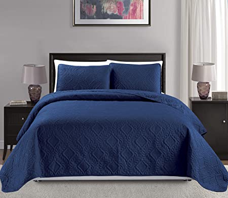 Fancy Collection 3pc King/California King Oversize Bedspread Coverlet Set Embossed Solid Navy Blue New