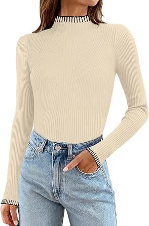 Bloggerlove Women's Long Sleeve Sweater Mock Neck Ribbed Knit Tops 2024 Trendy Fall Color Block Casual Shirts Dressy