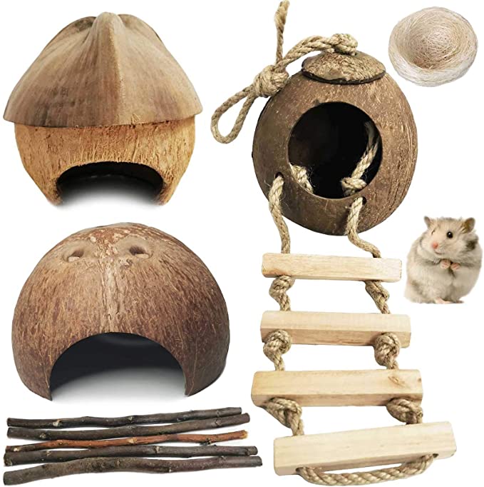 kathson Natural Coconut Hut Hamster Hiding House Pet Cave Small Animal Cage Habitat Decor Hanging Guinea Pig Toys with Ladder for Gerbils Rats Mice Playing Breeding 9PCS