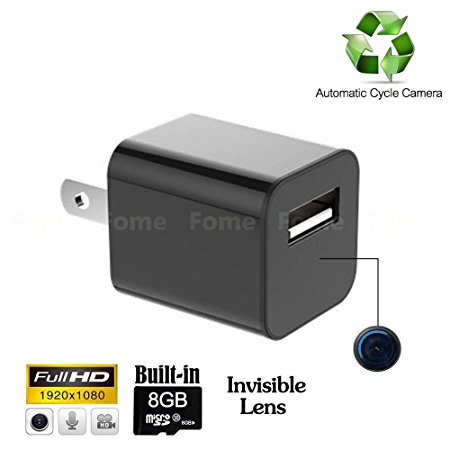 Hidden Camera Charger, FOME 1080P HD USB Wall AC Plug Charger Spy Camera Hidden Motion Activated Wireless Hidden Home Security Covert Nanny Spy Camcorder adapter With 8GB Internal Memory