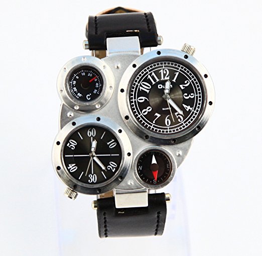 Fashion Metal Dial Watch with Dual Quartz Movement/Compass/Thermometer Black dial