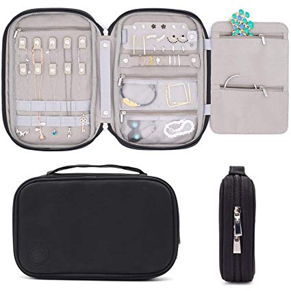 storageLAB Travel Jewelry Organizer, Faux Leather Clutch Bag for Necklaces, Earrings, Rings and Bracelets (Black)