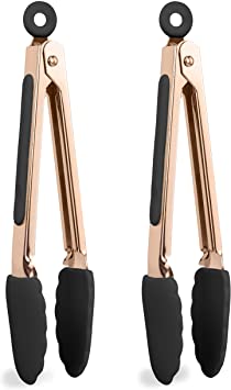 COOK WITH COLOR Tongs for Cooking Stainless Steel and Silicone Set of Two 6” Rose Gold Mini Nonstick Kitchen Tongs with Silicone Tips Small Tongs Appetizer Tongs Sugar Tongs Salad Tongs (Black)