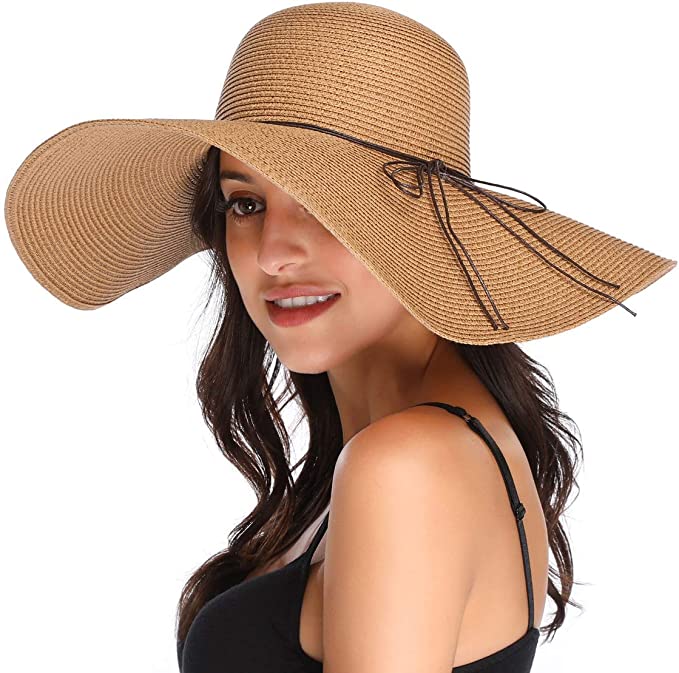 Lanzom Womens Wide Brim Straw Hat Floppy Foldable Roll up Cap Beach Sun Hat UPF 50