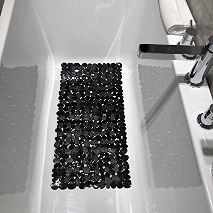 Anti-Slip Anti-Bacterial Pebbles Stone Bath Mats,Slip-Resistant Shower Mats, Machine Washable (Black, 14"W x 27"L, Please Check The Size)