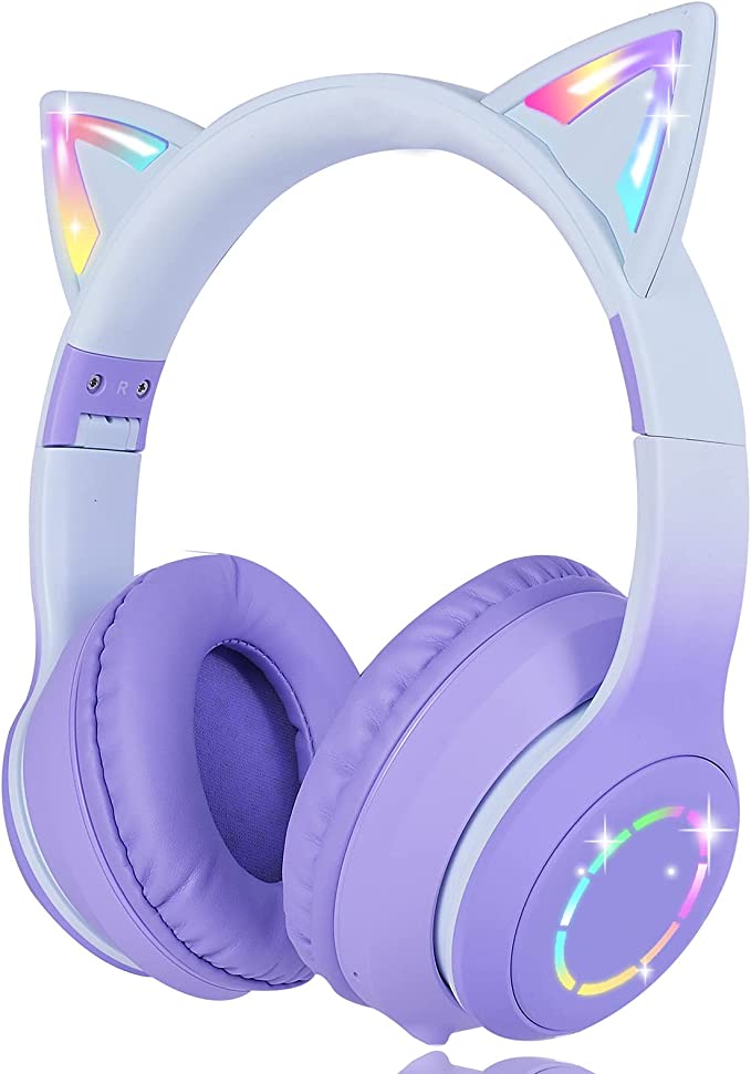FLOKYU Wireless Headphones Cat Ear LED Light up Bluetooth Gaming Headphones for Kids/Girls/Women, Color Changing Over Ear Headphones with Microphone (Purple Gradient)