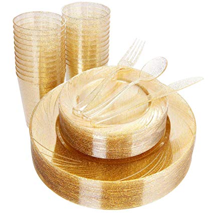 WDF 150pcs Gold Plastic Plates with Disposable Plastic Silverware&Gold Cups- Gold Glitter Design include 25 Dinner Plates,25 Salad Plates,25 Forks, 25 Knives, 25 Spoons& 10oz Plastic Cups (Glitter)