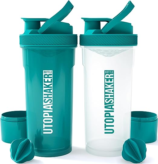 Utopia Home 2-Pack Shaker Bottle - 24 Ounce Protein Shaker Bottle for Pre & Post workout drinks - Classic Protein Mixer Shaker Bottle with Twist and Lock Protein Box Storage (All Teal & Clear/Teal)