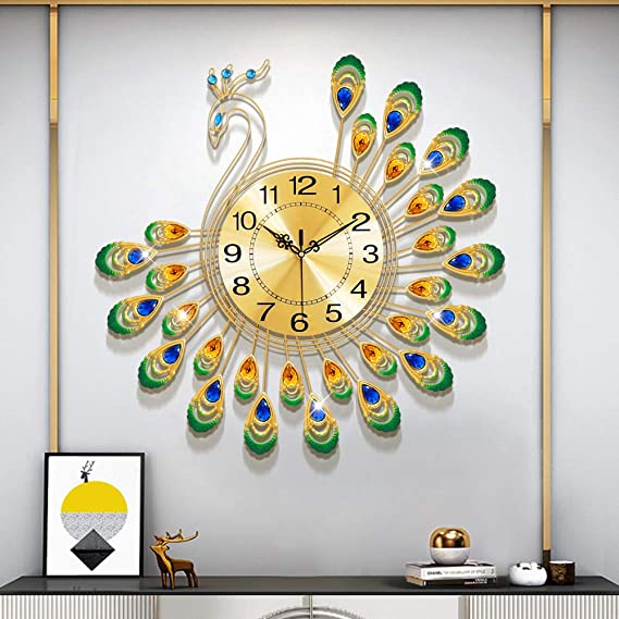 Fleble 20 inch Large Wall Clock 3D Diamonds Peacock Non Ticking Silent Arabic Numbers Gold Dial Iron Clocks Art Decorative or Living Room,Bedroom,Office Space