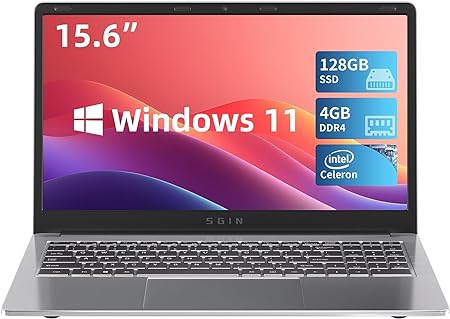 SGIN 15.6 Inch Laptop 4GB DDR4 RAM 128GB SSD, Windows 11 Laptops Computer with Intel Celeron Qaud-Core Processor, Intel UHD Graphics 600, USB3.0, Mini HDMI, Webcam, Wi-Fi, Bluetooth 4.2,