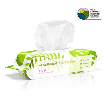 Earth Rated Dog Wipes USDA-Certified 99 Percent Biobased, 100 Hypoallergenic Pet Wipes for Dogs, Deodorizing Grooming Wipes for Paws, Body and Butt, Doggie Wipes Measure 8 x 8 Inches