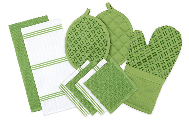 Sticky Toffee Silicone Printed Oven Mitt & Pot Holder, Cotton Terry Kitchen Dish Towel & Dishcloth, Green, 9 Piece Set