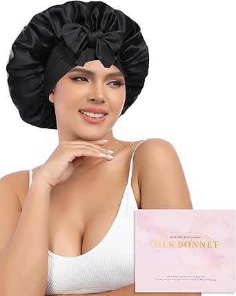 AWAYTR Silk Bonnet for Sleeping Women 100% Mulberry Silk Bonnet with Band 2 Layer Reversible Hair Bonnet Sleeping Hair Wrap