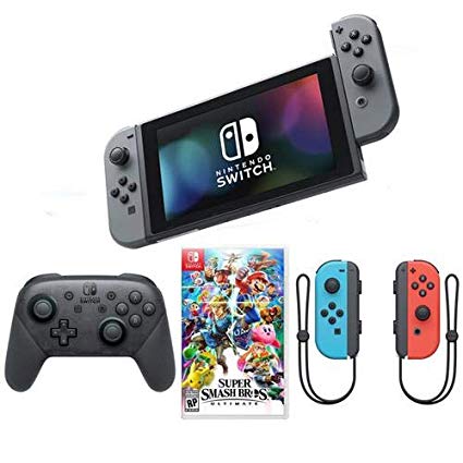 Nintendo Switch with Gray Joy-Con Controllers - Bundle Super Smash Bros Ultimate for The Switch, Joy-Con Charging Grip, Joy-Con Controller Neon Red/Neon