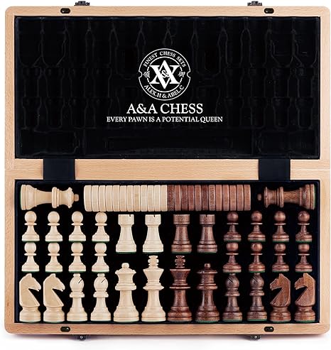 A&A 15 inch Wooden Folding Chess & Checkers Set w/ 3 inch King Height Staunton Chess Pieces / 2 Extra Queens