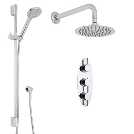 Hudson Reed Quest Thermostatic Shower System Valve Set With 8" Round Rainfall Head , Wall Bar & Multifunction Handset - 2 Outlet Faucet Unit - Anti Limescale Overhead - Chrome Finish