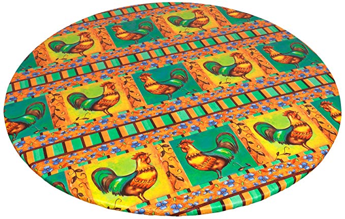 Carnation Home Fashions DFLN-F48RD/RO Rooster Round Fitted Vinyl Tablecloth, 48", Red