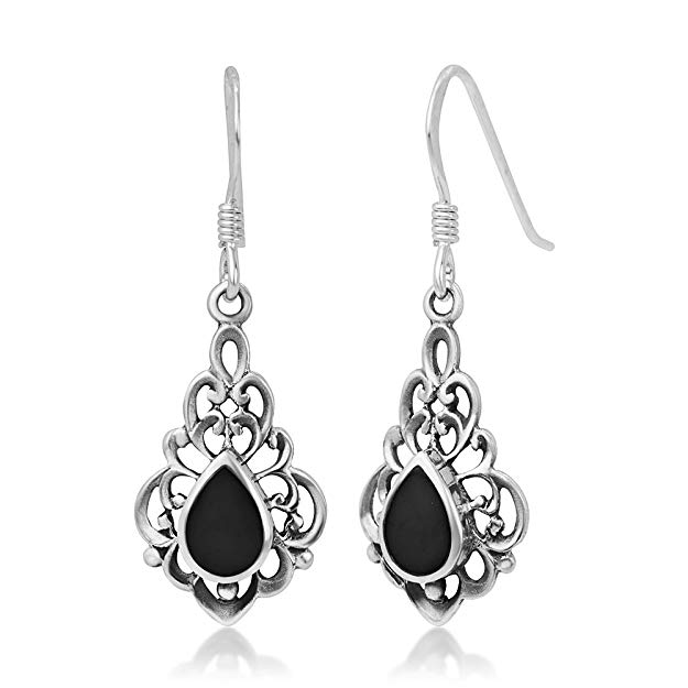 925 Sterling Silver Bali Inspired Gemstone Filigree Dangle Hook Earrings