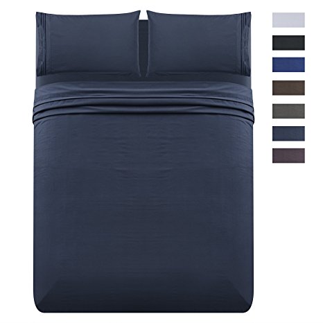 L-Angel 4pc 1800 Thread Count Brushed Microfiber Embroidered Bed Sheet Set with Fitted & Flat Sheet & Pillowcases - Deep Pocket Wrinkle Free Hypoallergenic Bedding, Navy Blue, King