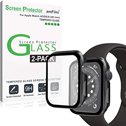 (2 Pack) amFilm Case with Built-in Tempered Glass Screen Protector Compatible with Apple Watch Series 6/SE/5/4 (40mm)