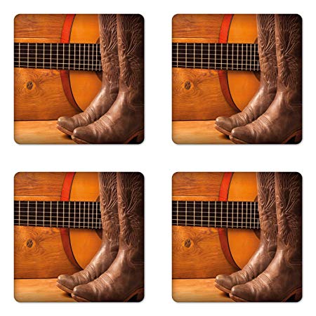 Lunarable Western Coaster Set of 4, American Country Music Theme Guitar Instrument and Cowboy Shoes on Wood Image, Square Hardboard Gloss Coasters, Standard Size, Orange Brown