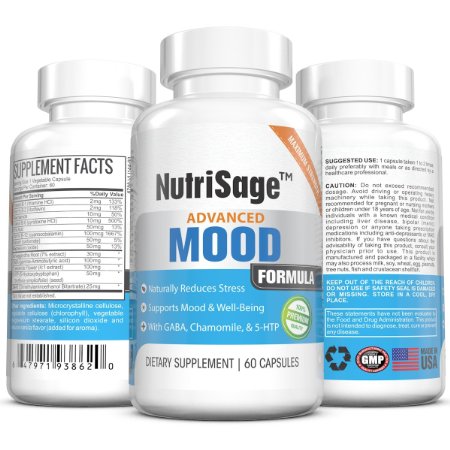 Anti-Stress & Anxiety Relief Natural, Herbal, Vitamin Dietary Supplement By NutriSage - Supports Mood Enhancement, Calmness & Well Being - Contains Chamomile, GABA & 5-HTP - Made In USA - 60 Capsules