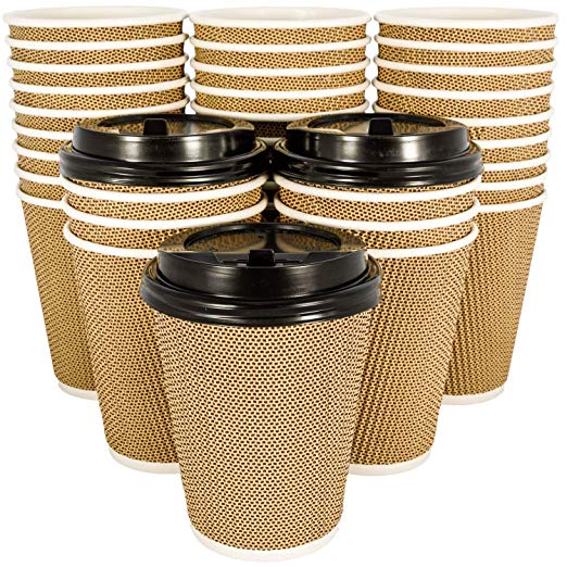 OzBSP Premium Disposable Paper Coffee Cups with Lids 12 oz - 100 Pack | Stylish Ripple Wall Design | Double Wall Insulated Hot Cups To Go | No Sleeve Required | Perfect for Office Parties Home Travel