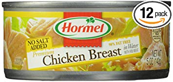 HORMEL Premium Chunk Chicken - Canned Chicken Breast - In Water - No Salt - Shelf Stable Protein - 5 Ounce (Pack of 12)