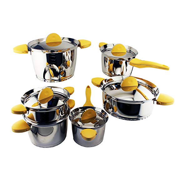 Berghoff Hotel 18/10 Stainless Steel Cookware Set, 11pcs Durable Multi-Purpose Cookware, Dishwasher Safe - Yellow