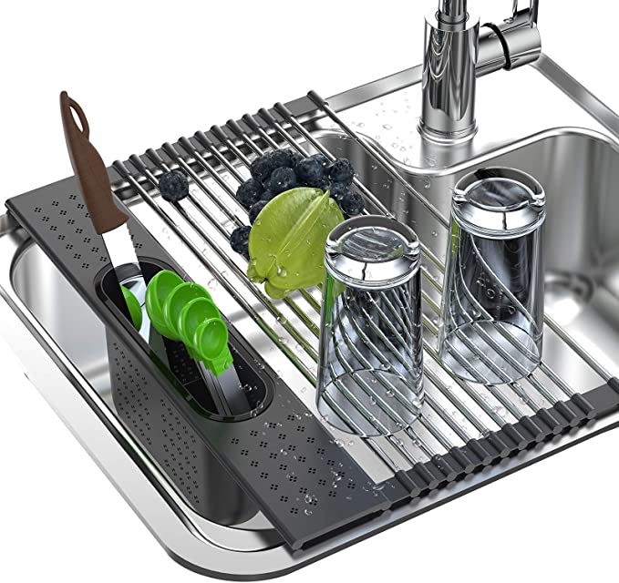 Dish Drying Rack, Enkrio Over The Sink Dish Drying Rack, SUS304 Stainless Steel Roll Up Drying Rack for Kitchen, 17.3 x 11 inch