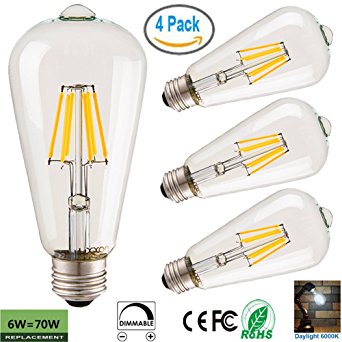 Clear Vintage LED Edison Light Bulbs Dimmable 6W Antique LED Filament 6000K Super Bright Daylight White E26 Medium Base LED Bulb for Restaurant,Home,Reading Room,Office,Pack of 4