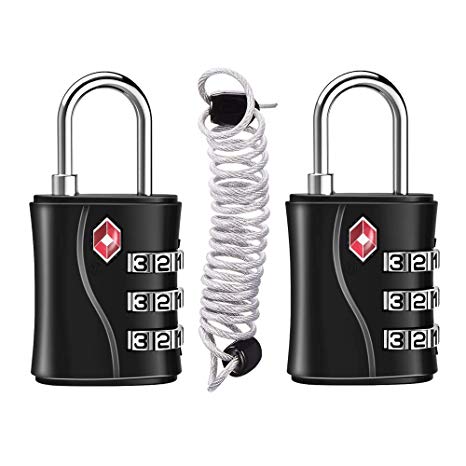 TSA Luggage Locks 2 Pack, Backpack Locks, Small Travel Locks, 3 Digit Combination Lock with Flexible Cable (80cm), Set Your Own Combination Padlock for School Gym Locker, Easy to Set with Alloy Body