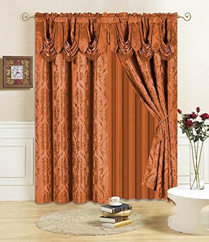 All American Collection New 4 Piece Drape Set with Attached Valance and Sheer with 2 Tie Backs Included (63" Length, Orange)