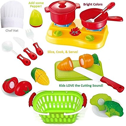 FUNERICA Cutting Play Fruit Toys Set - Includes Toy Vegetables Play Food set for kids with Knife - Mini Kitchen Kids Dishes- Toy Grocery Basket & Child Chef Hat to pretend play cooking the cut fruit