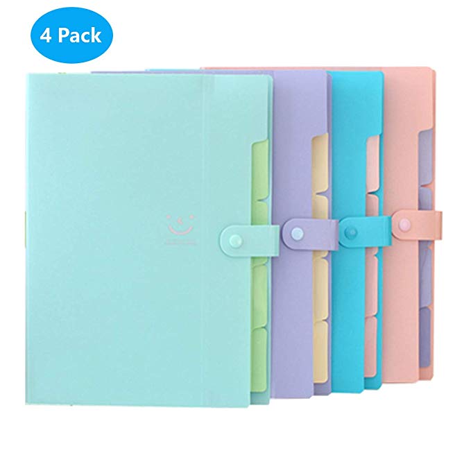 Plastic Expanding File Folder Letter A4 Paper Size 5 Pockets Accordion Document Organizer with Snap Closure for School Office, 4-Pack,4 Colors